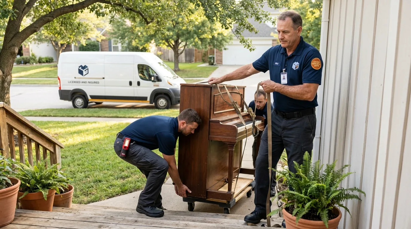 Licensed piano movers securing grand piano in Ashland, NE