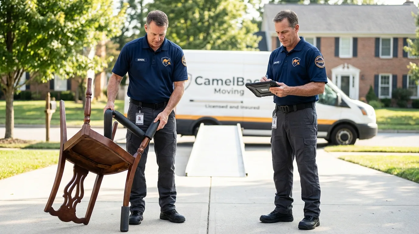 Movers inspecting furniture for damage prevention before loading in Ashland, NE