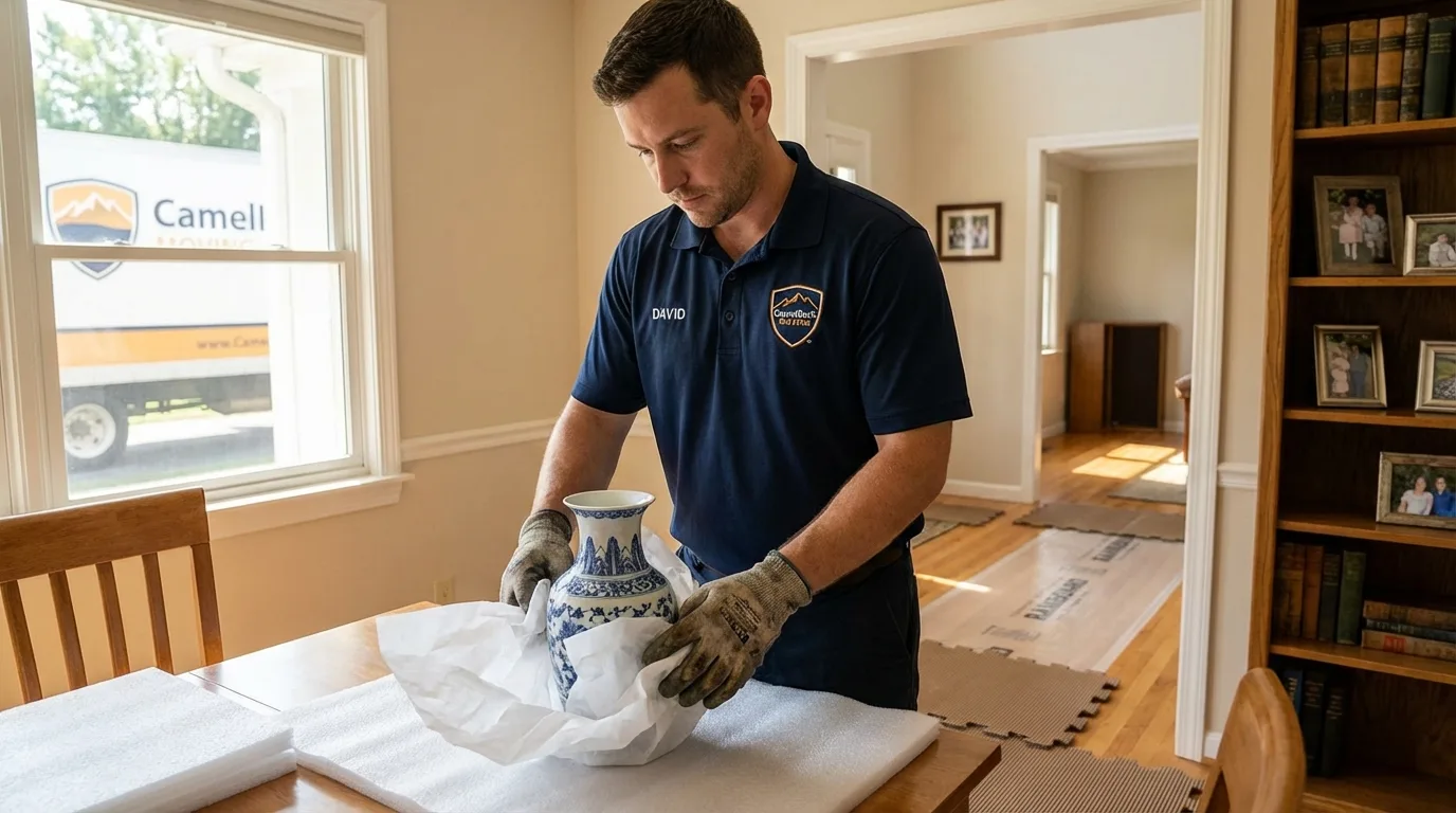 Professional crew carefully wrapping antique vase for senior downsizing move in Ashland, NE